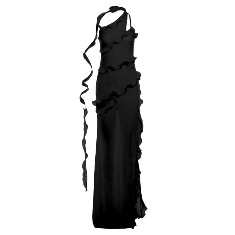 One shoulder ruffle irregular high slit maxi dress  | red tango dress