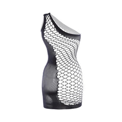 Mesh one shoulder fishnet irregular mini dress