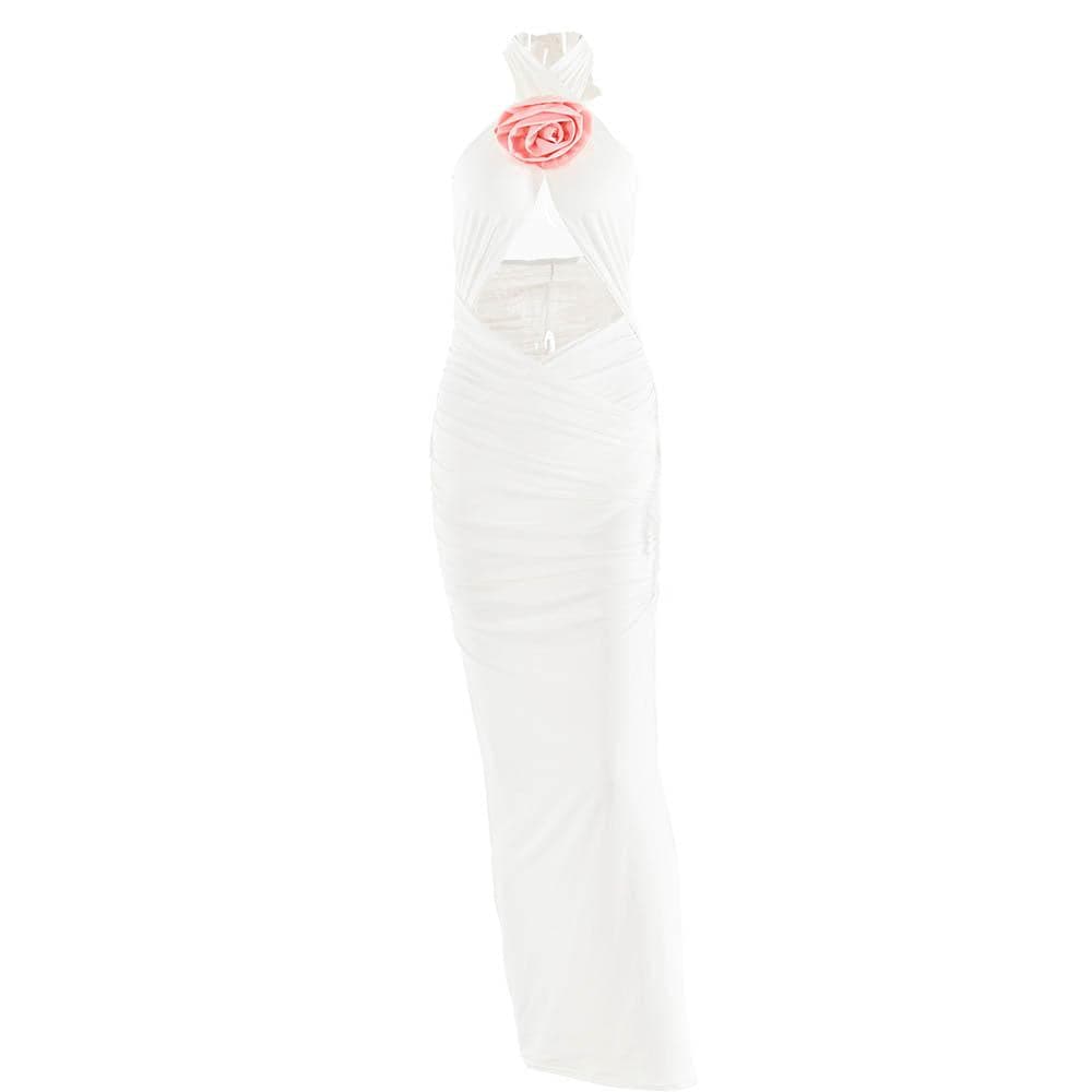 Ruched halter flower applique hollow out cross front contrast maxi dress  | red tango dress  | black rave dress