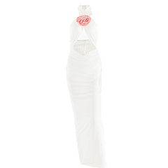 Ruched halter flower applique hollow out cross front contrast maxi dress  | red tango dress  | black rave dress
