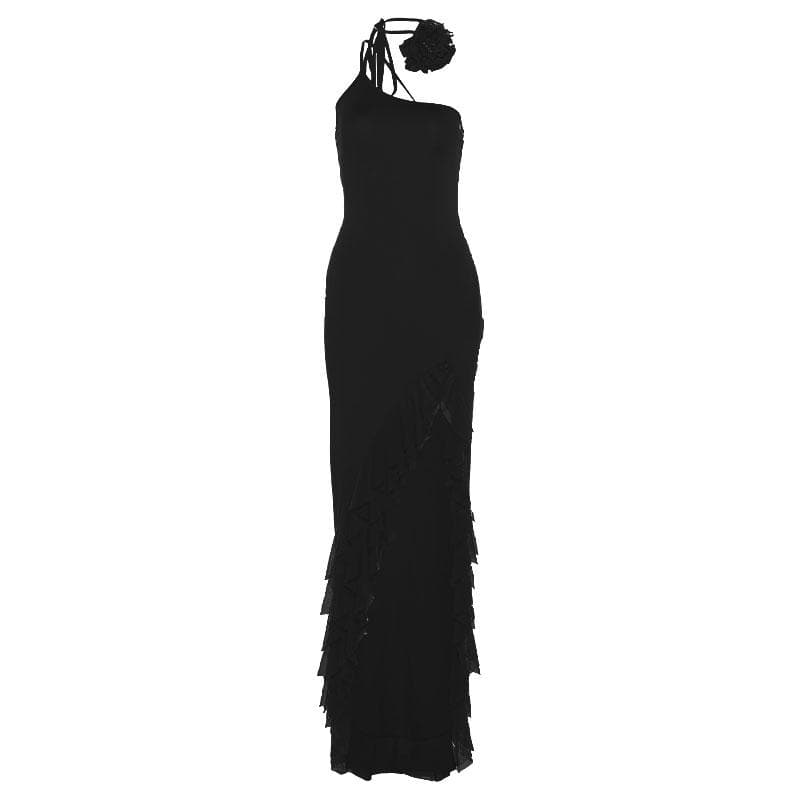 Solid one shoulder irregular ruffle flower applique maxi dress  | red tango dress