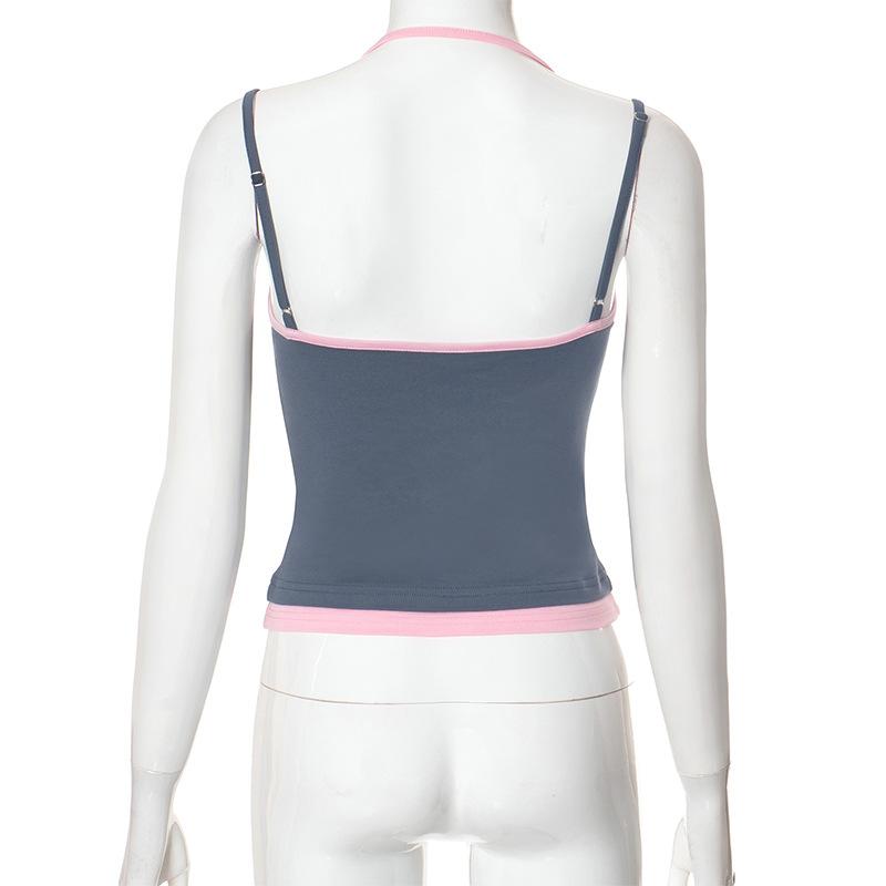 Halter patchwork contrast backless cami top