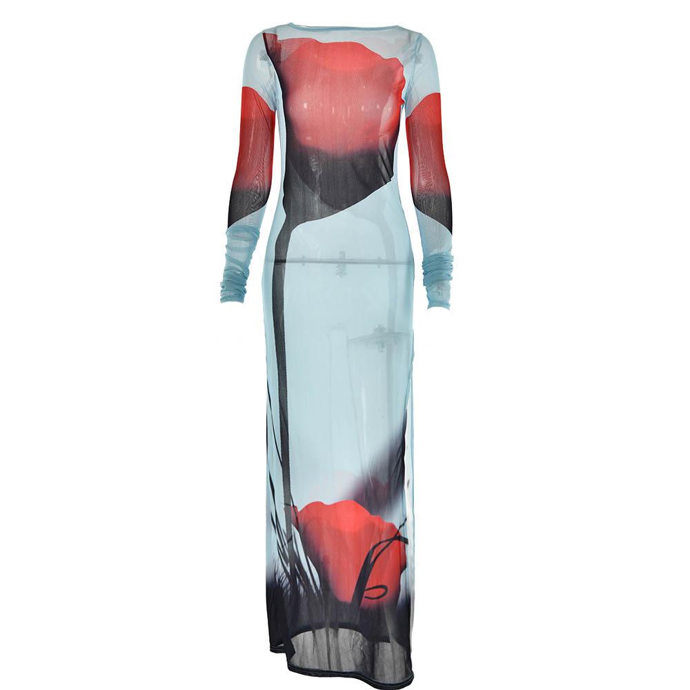 Sheer mesh see through abstract contrast long sleeve slit maxi dress  | samba dress
