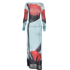 Sheer mesh see through abstract contrast long sleeve slit maxi dress  | samba dress