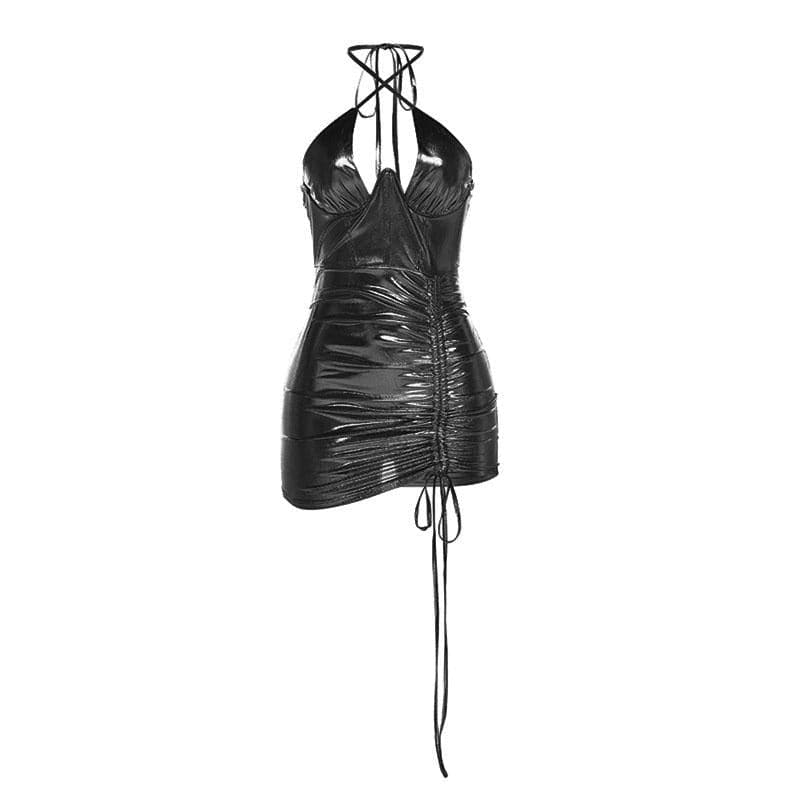 Cross front drawstring low cut metallic halter solid mini dress  | black rave dress  | black rave dress