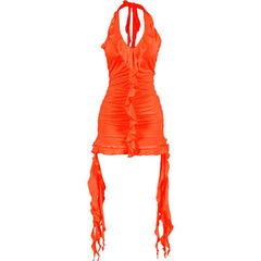 Self tie halter ruffle ruched v neck ribbon backless mini dress  | red tango dress