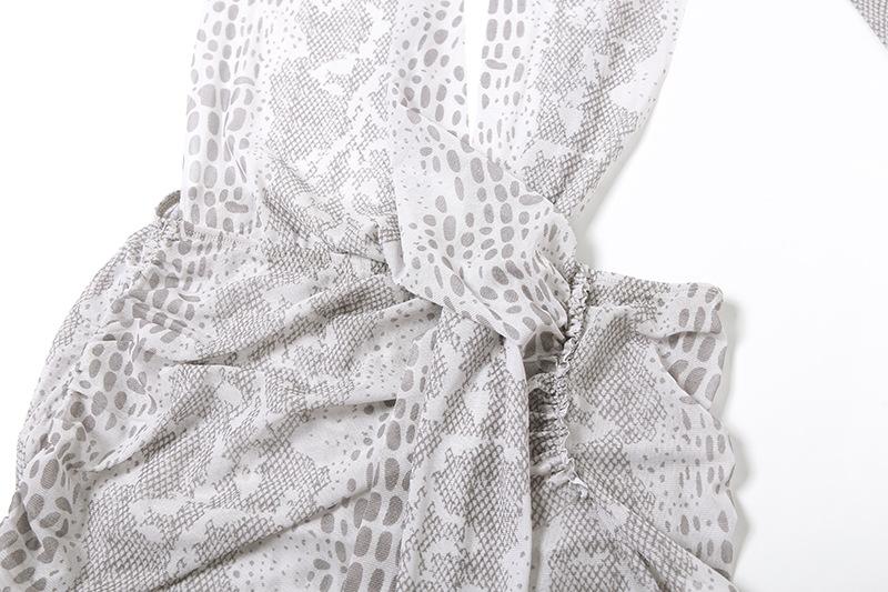 Snakeskin print halter sheer mesh irregular ruched mini dress  | samba dress