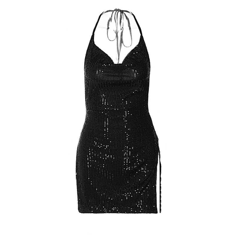 Glitter cowl neck halter slit backless mini dress  | red tango dress