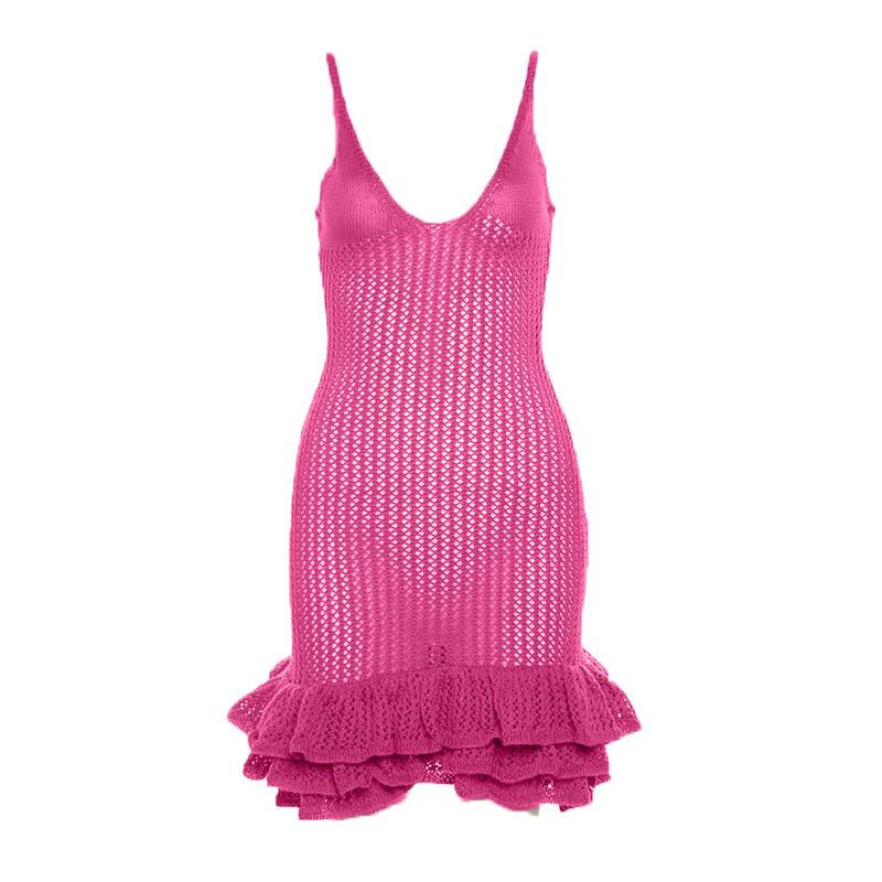 Crochet v neck sleeveless hollow out ruffle mini dress  | red tango dress
