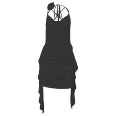 Cowl neck flower applique ruched backless solid mini dress  | red tango dress