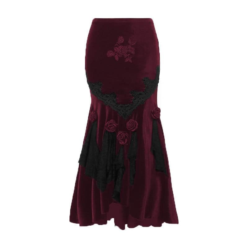 Velvet embroidery flower applique lace hem ruched maxi skirt