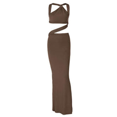 Backless hollow out o ring pearl chain solid maxi dress