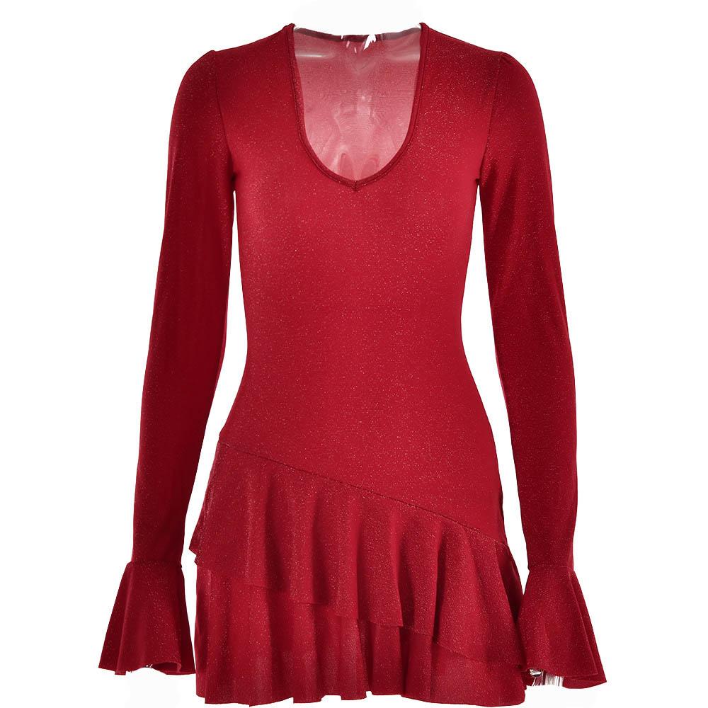 Textured v neck ruffle irregular long flared sleeve mini dress  | red tango dress