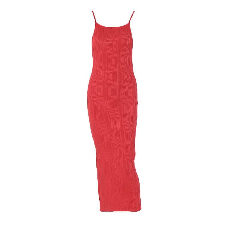 Textured slit backless solid cami midi dress  | red tango dress