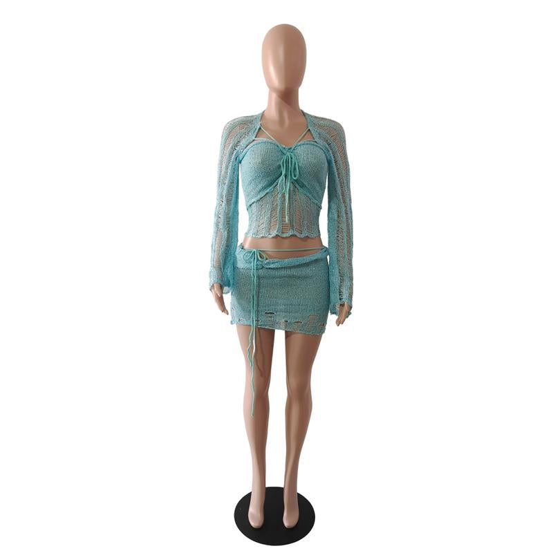 Glitter knitted long sleeve hollow out 3 piece mini skirt set