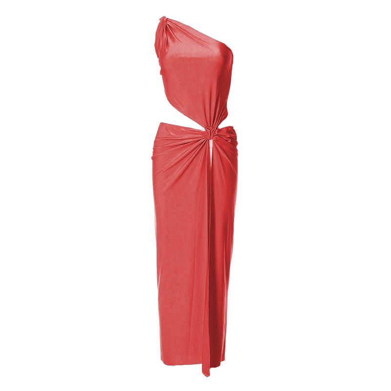 Knotted irregular one shoulder hollow out slit maxi dress  | red tango dress