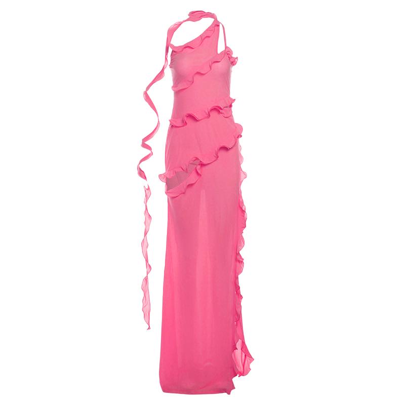 One shoulder ruffle irregular high slit maxi dress  | red tango dress