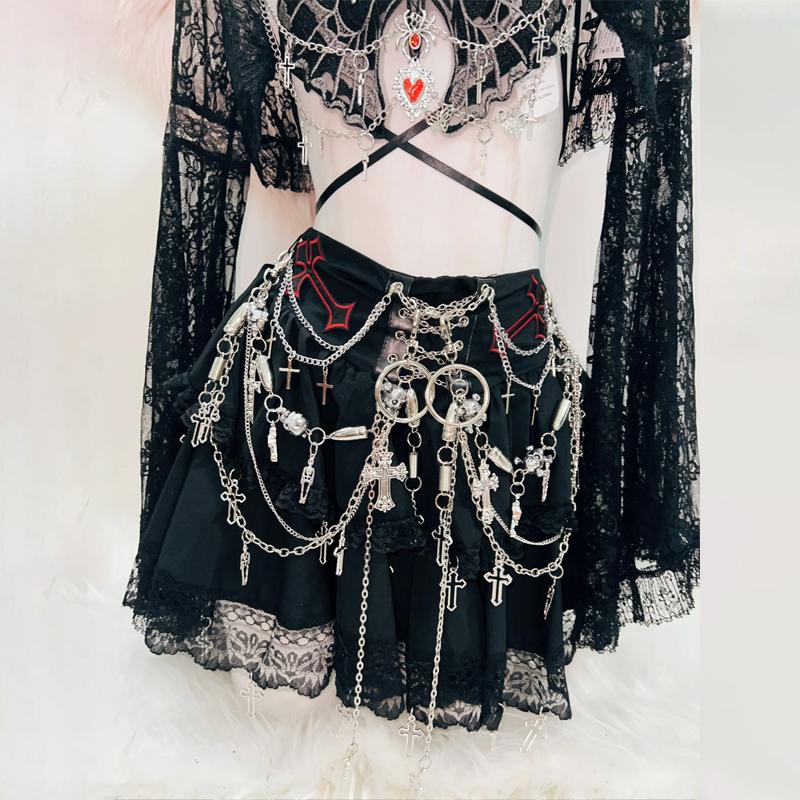 Long sleeve lace butterfly pattern metal chain mini skirt set