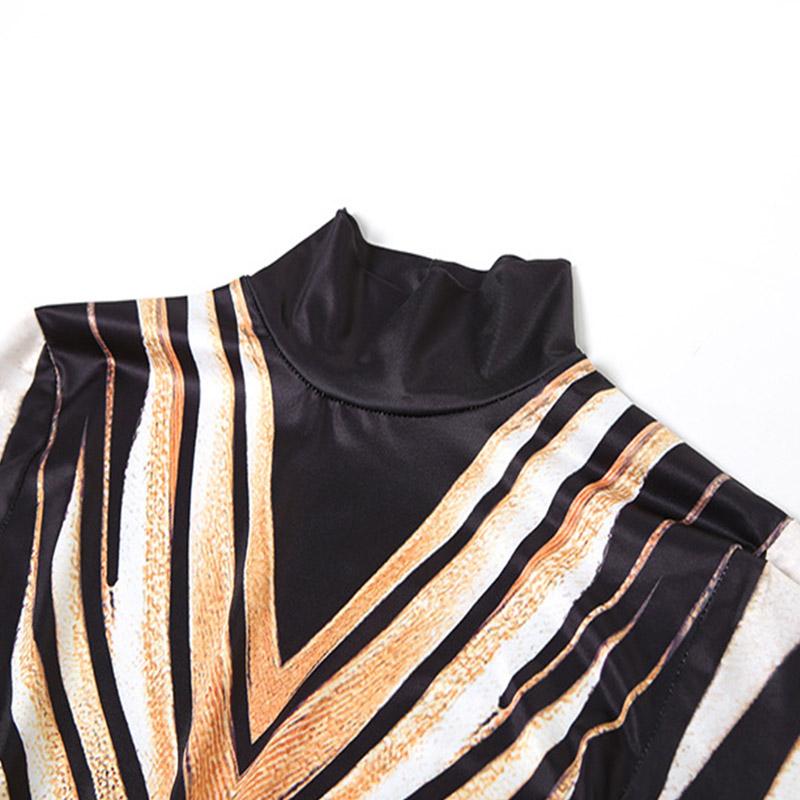 High neck long sleeve hollow out print contrast maxi dress