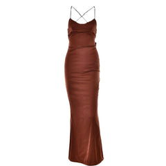 Satin solid lace up cross back v neck low cut maxi dress  | black rave dress  | black rave dress