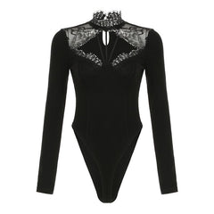 Long sleeve lace hem hollow out bodysuit