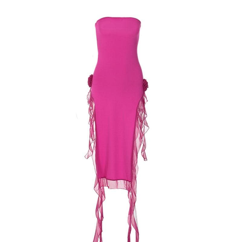 Flower applique solid backless ribbon slit tube maxi dress  | red tango dress