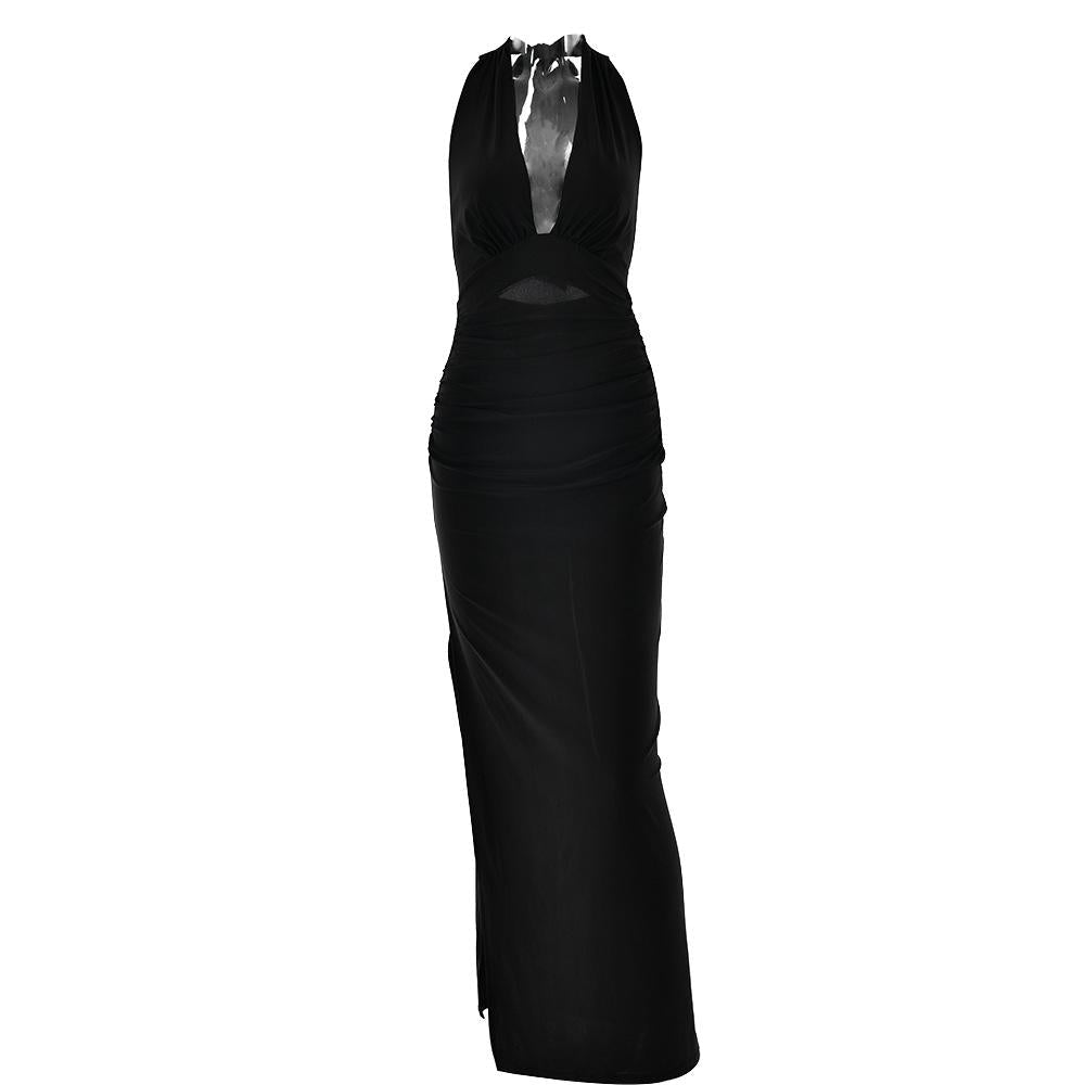 Halter deep v neck slit backless ruched maxi dress