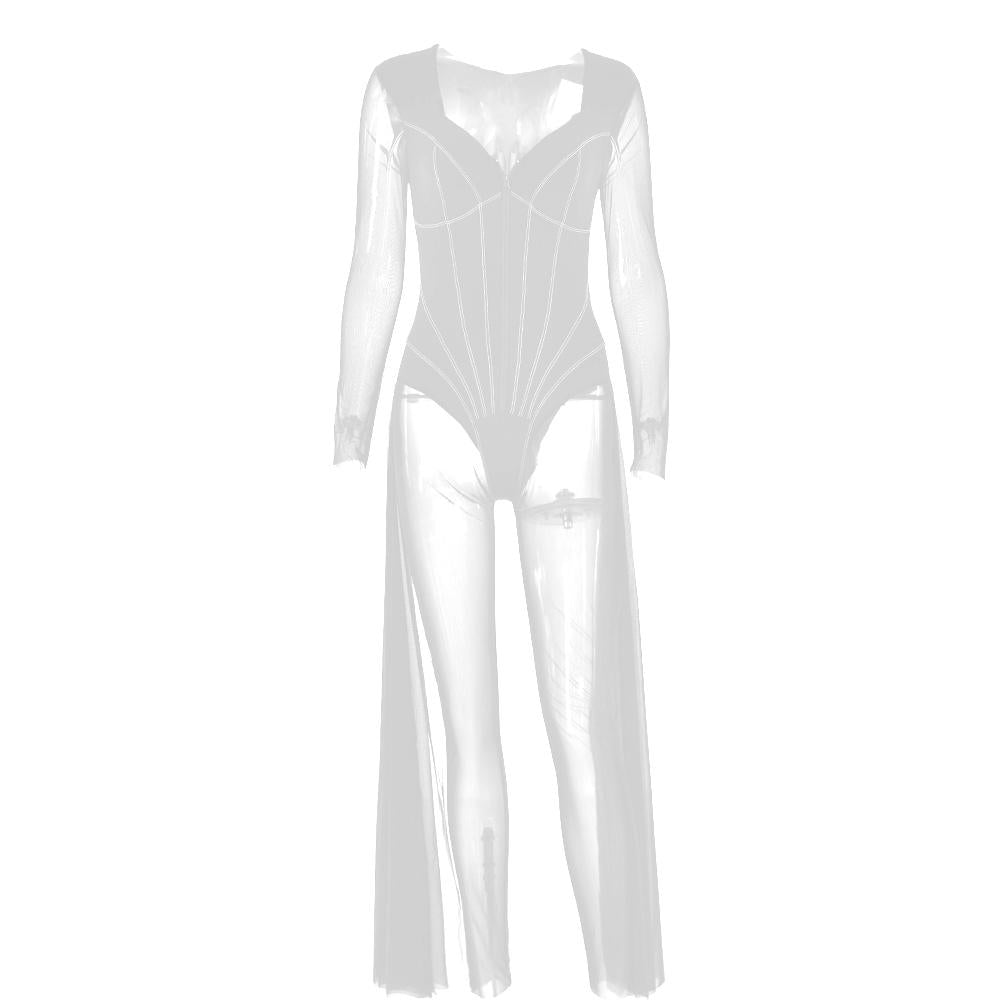 Long sleeve stitch mesh zip-up jumpsuit
