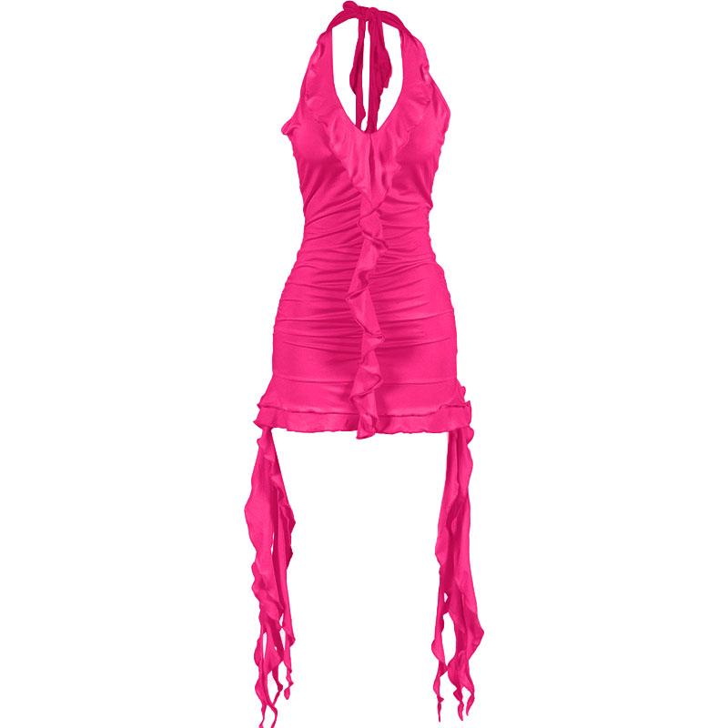 Self tie halter ruffle ruched v neck ribbon backless mini dress  | red tango dress