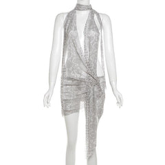 Snakeskin print halter sheer mesh irregular ruched mini dress  | samba dress