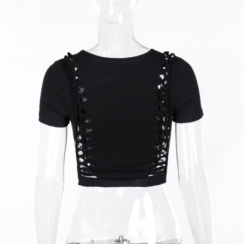 Short sleeve crewneck beaded hollow out top