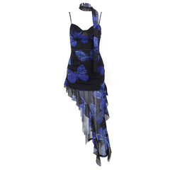 Sweetheart neck ruffle print irregular cami midi dress  | red tango dress