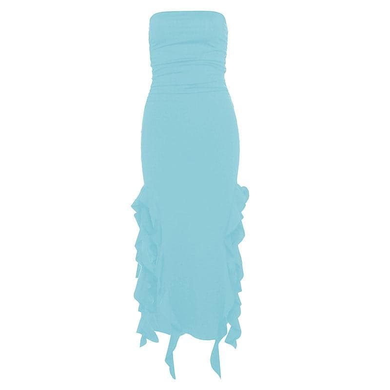 Solid slit irregular ruffle ribbon backless tube midi dress  | red tango dress