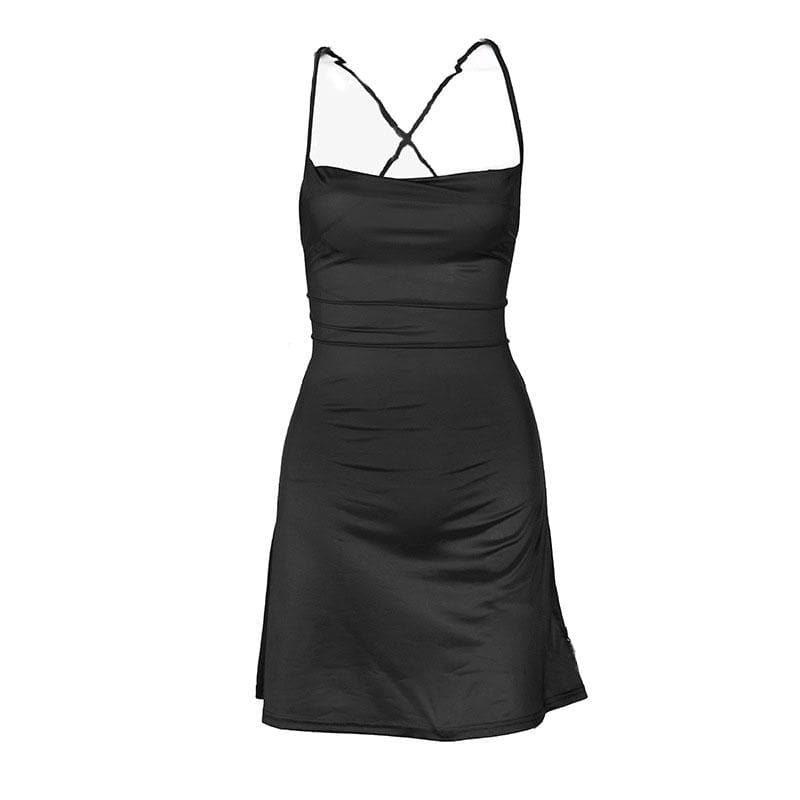 Cross back solid satin cowl neck lace up self tie backless mini dress  | red tango dress  | black rave dress  | black rave dress