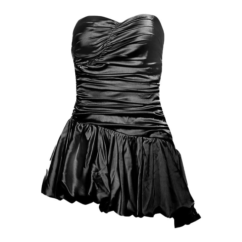 Ruched zip-up satin sweetheart neck backless mini dress