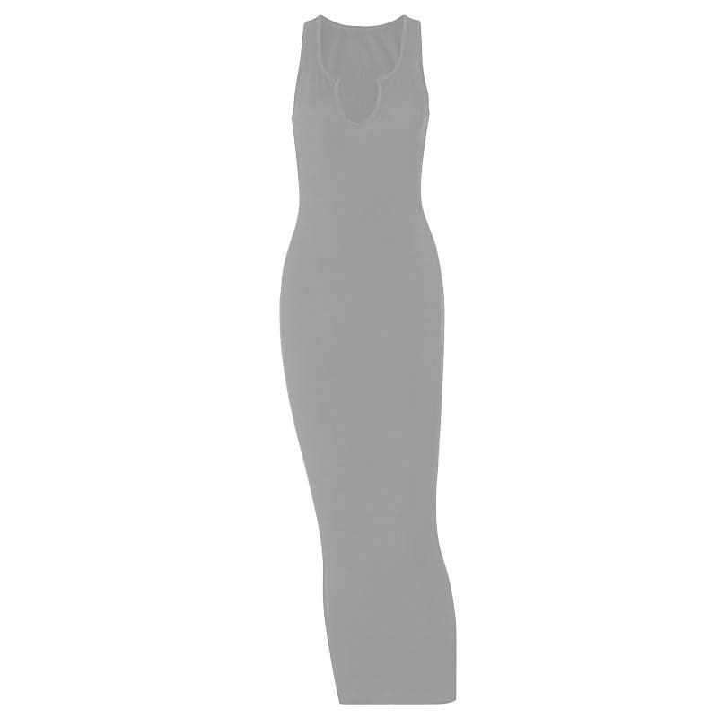 Ribbed notch neck sleeveless low cut solid maxi dress  | red tango dress