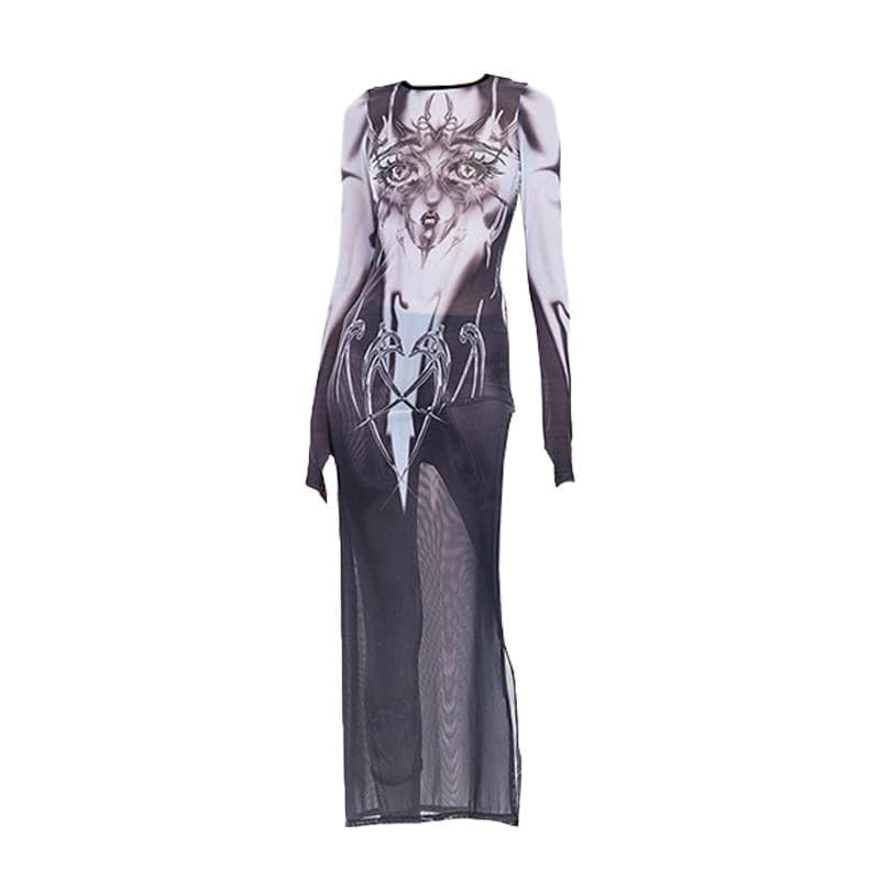 Long sleeve sheer mesh print midi dress  | samba dress