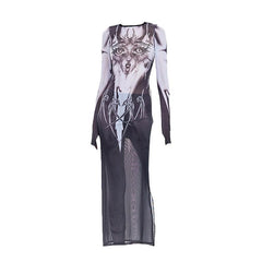 Long sleeve sheer mesh print midi dress  | samba dress