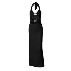 Halter metal butterfly hollow out maxi dress