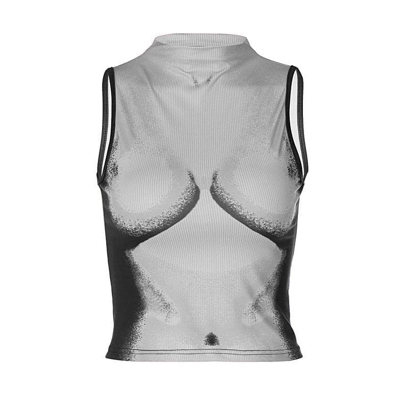 Contrast sleeveless high neck body pattern crop top