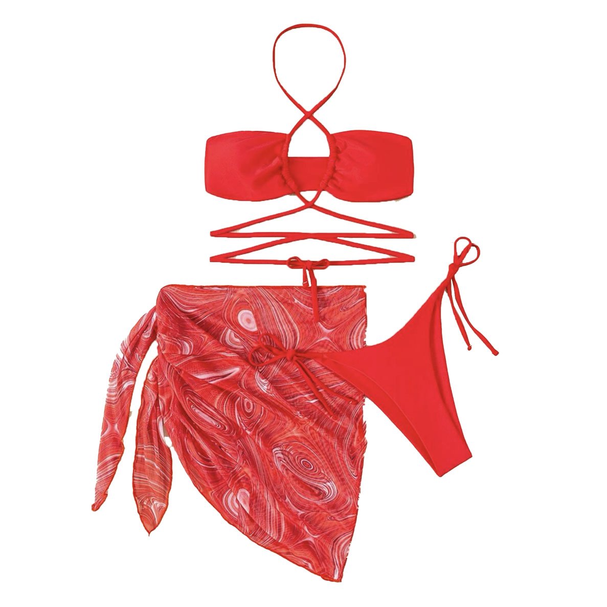 Cross front halter hollow out self tie mini dress 3 piece swimwear  | red tango dress