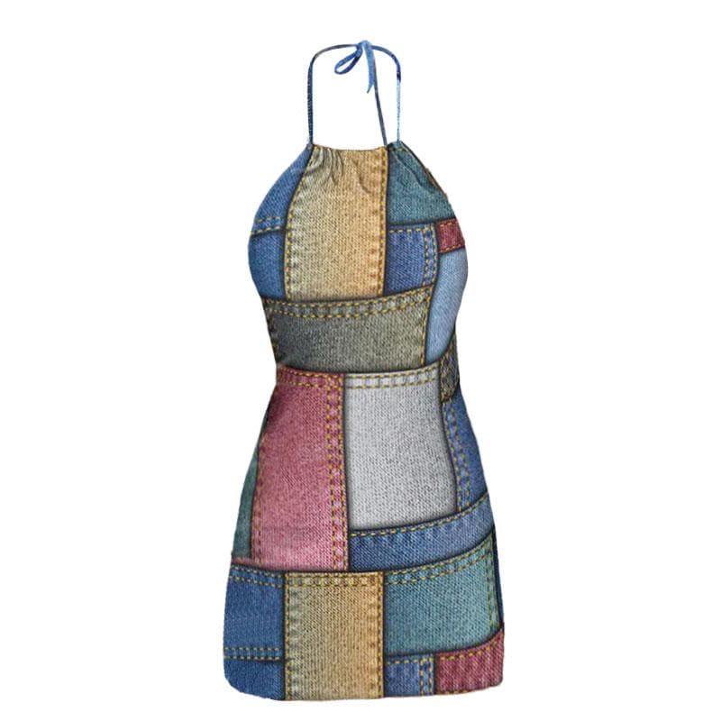 Self tie drawstring halter backless denim print contrast mini dress