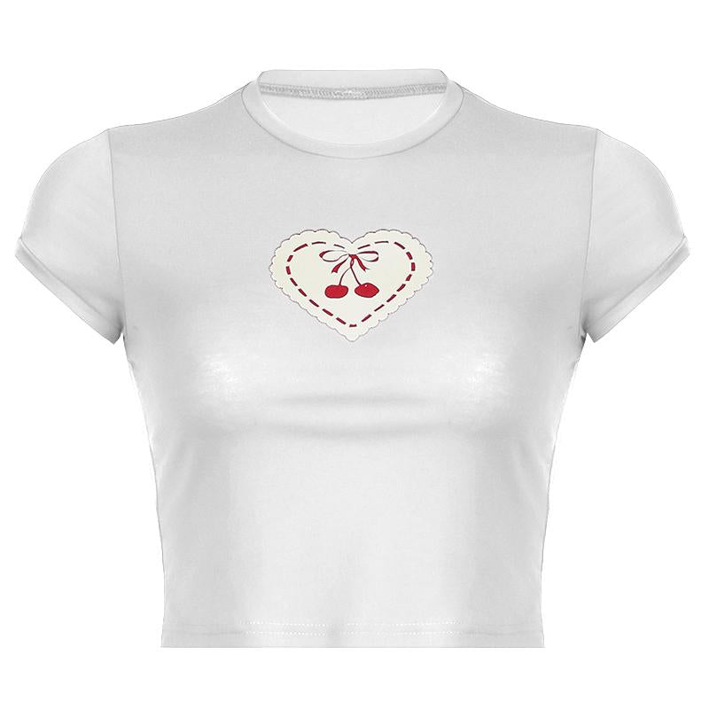 Short sleeve heart print crewneck crop top
