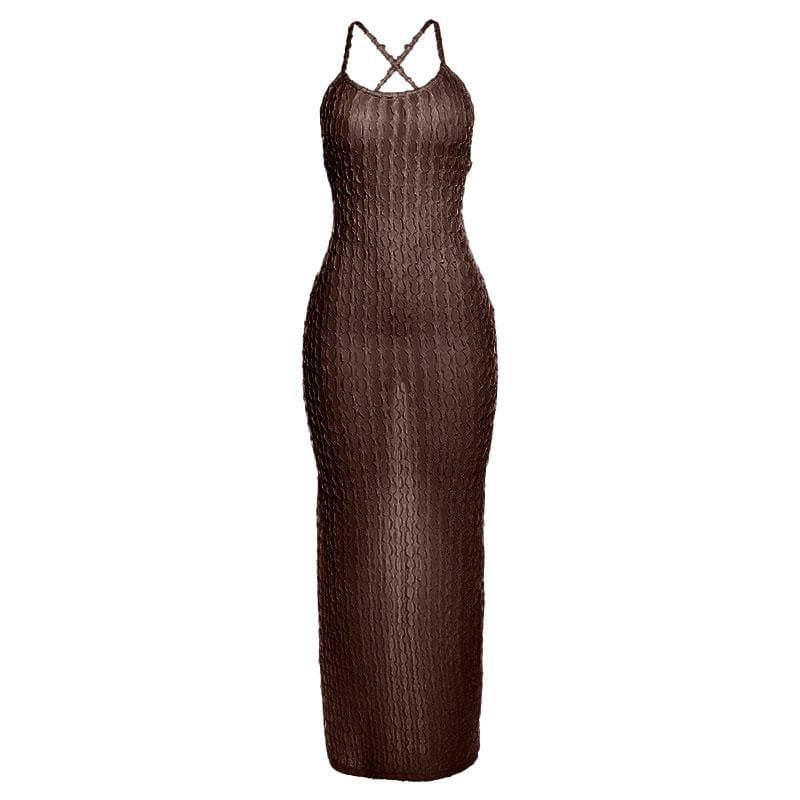Cross back self tie backless u neck textured solid maxi dress  | red tango dress