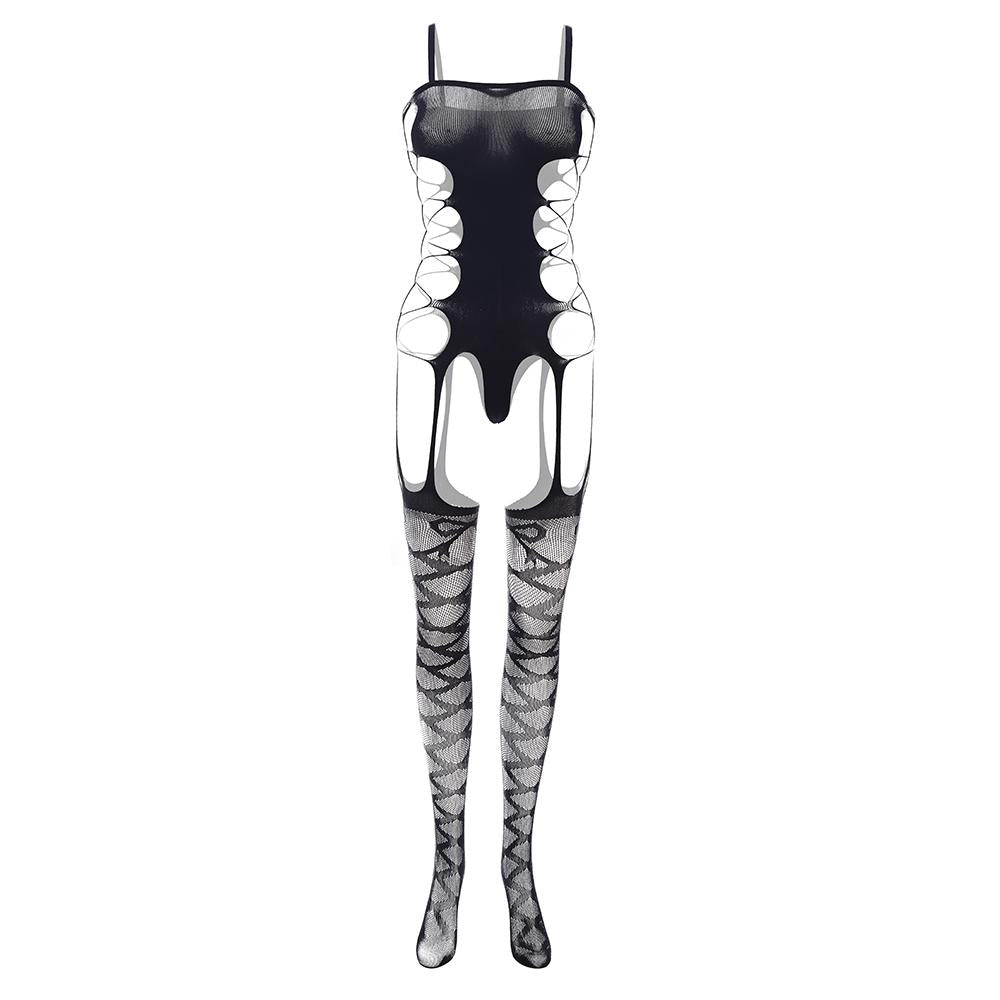 Hollow out bandage solid open crotch suspender bodystocking