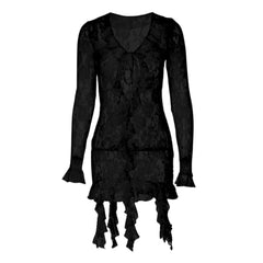 Long flared sleeve ruffle lace see through mini dress  | red tango dress