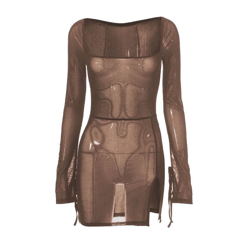 Sheer mesh see through square neck slit long sleeve mini dress  | samba dress