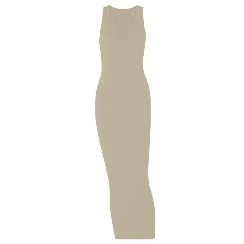 Ribbed notch neck sleeveless low cut solid maxi dress  | red tango dress