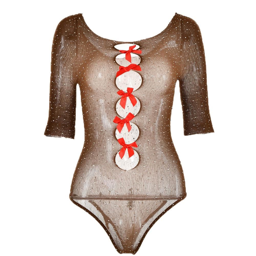 Sheer mesh see through beaded hollow out bowknot bodysuit