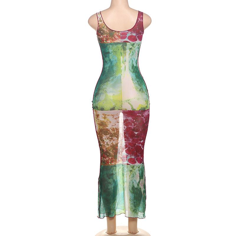 Sheer mesh ruffle square neck print tank maxi dress  | samba dress